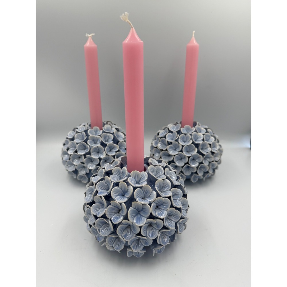 Set of 3 Two's Company Handcrafted Blue Porcelain Hydrangea Candle Holders/Vases